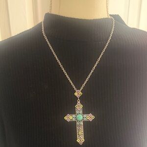 Nicky Butler Silver Cross Necklace with Purple and Turquoise Accents
